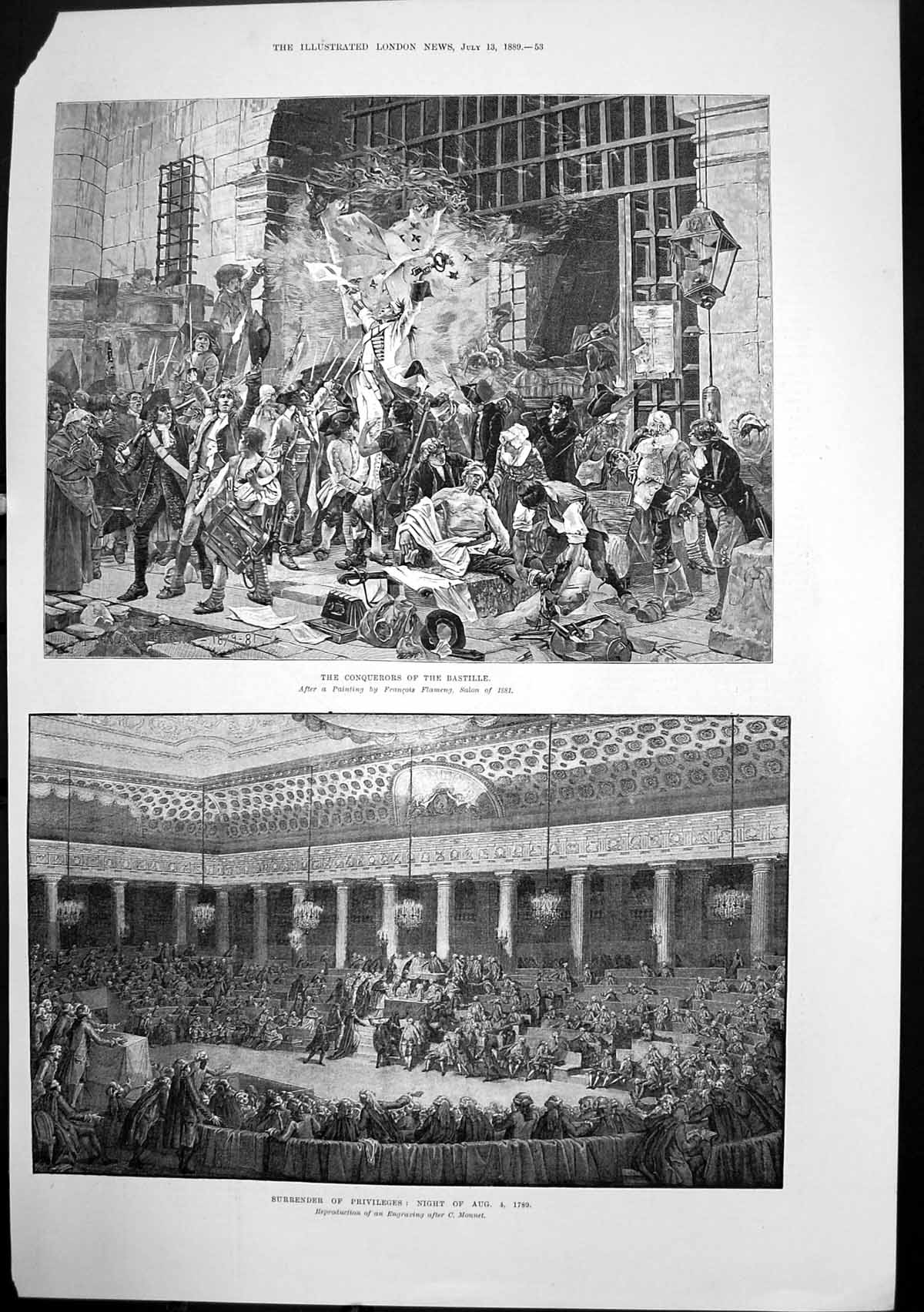 Old Print Conquerors Bastille Surrender Privileges Night Aug1789 1889