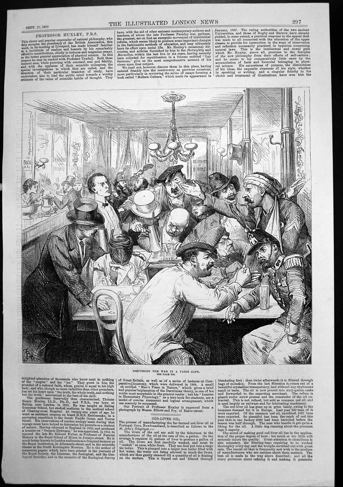 Antique Print Discussing War Paris Cafe Reading Figaro Smoking Weeping 1870
