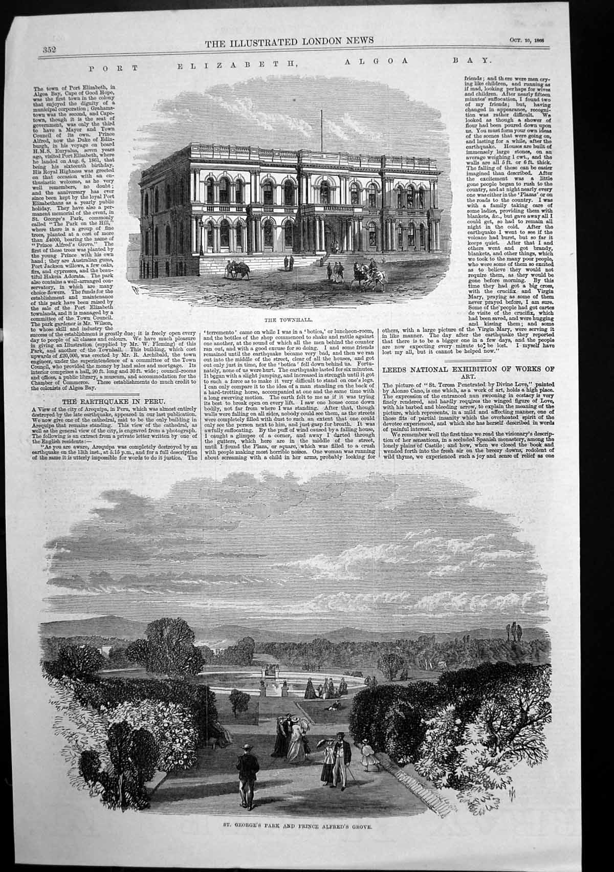 Old Antique Print Port Elizabeth Algoa Bay Townhall St Georges Park 1868 19th