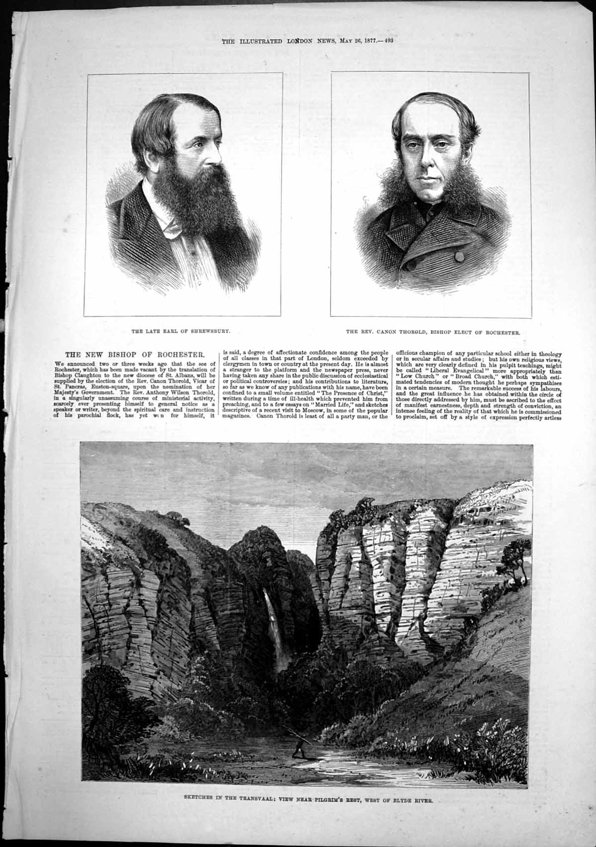 Original Old Antique Print Bishop Rochester ThorTransvaal Pilgrims Rest 1877