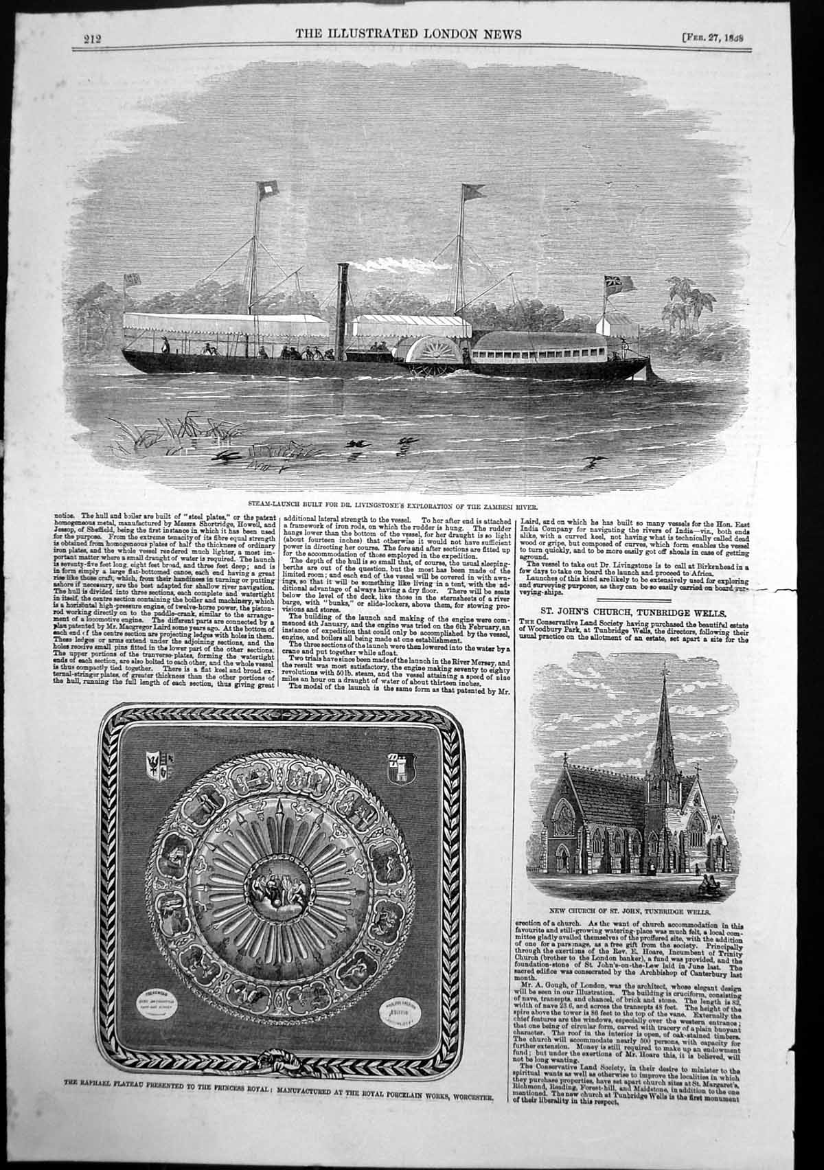 Antique Print Steam Launch Livingstone Zambesi Church Tunbridge Wells 1858 19th