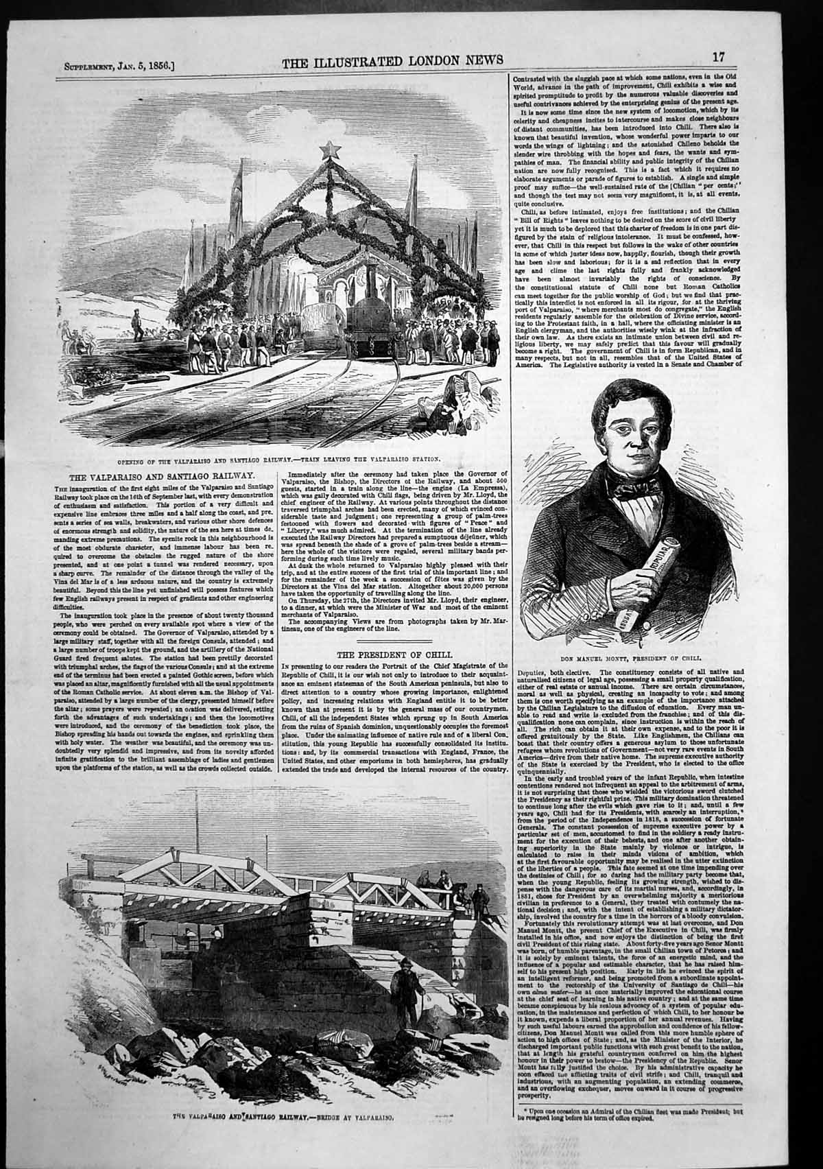 Old Print Opening Valparaiso Santiago Railway Don Manuel Mont Chili 1856 19th
