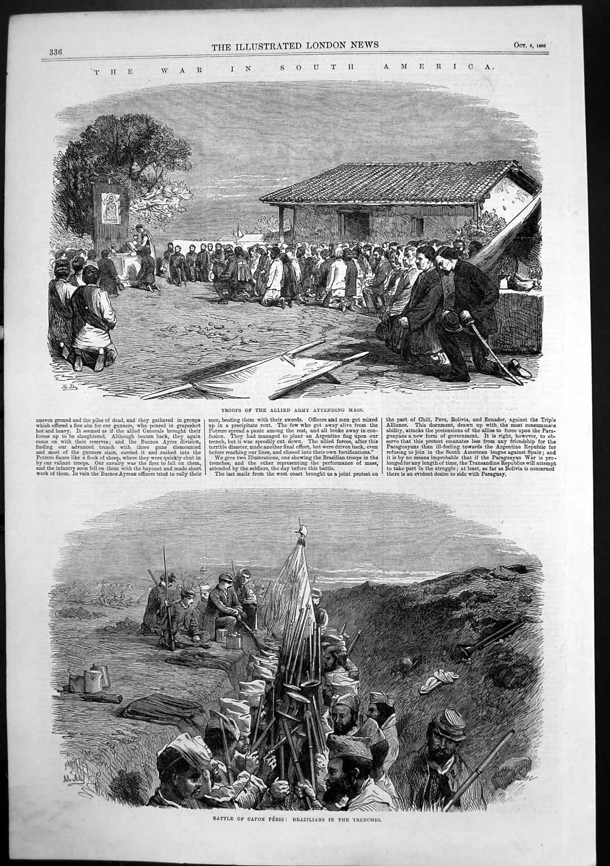 Old Print War South America Troops Mass Battle Capon Peris Trenches 1866 19th