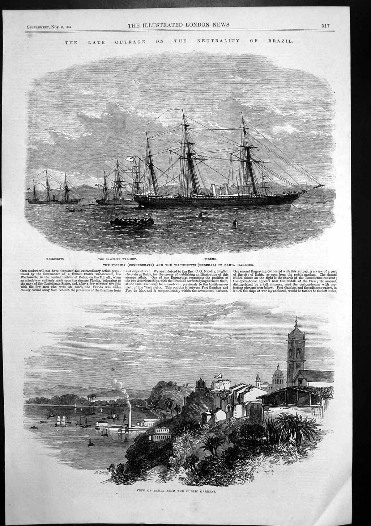 Antique Print Outrage Neutrality Brazil Bahiaharbour Florida Wachusetts1864