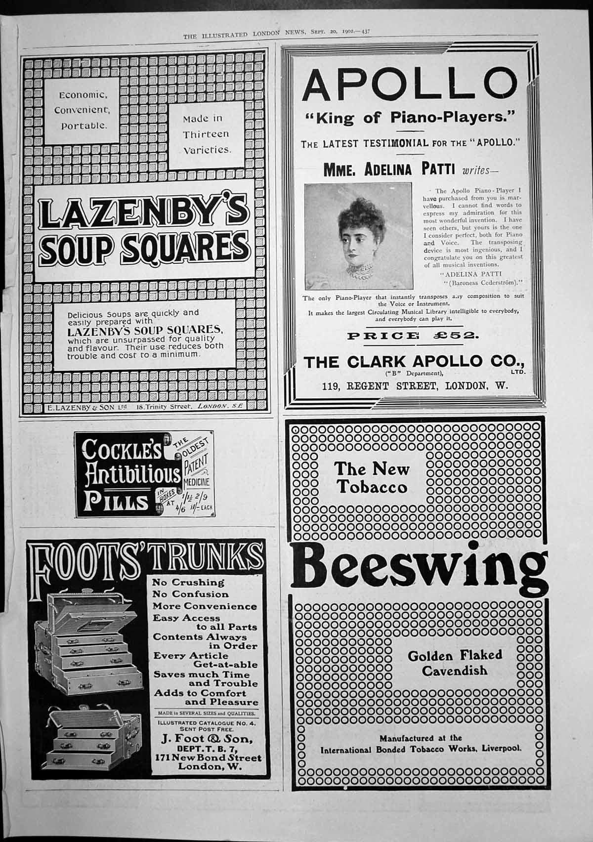 Antique Old Print Lazenbys Soup Squares Beeswing Tobacco Apollo Pianos 1902