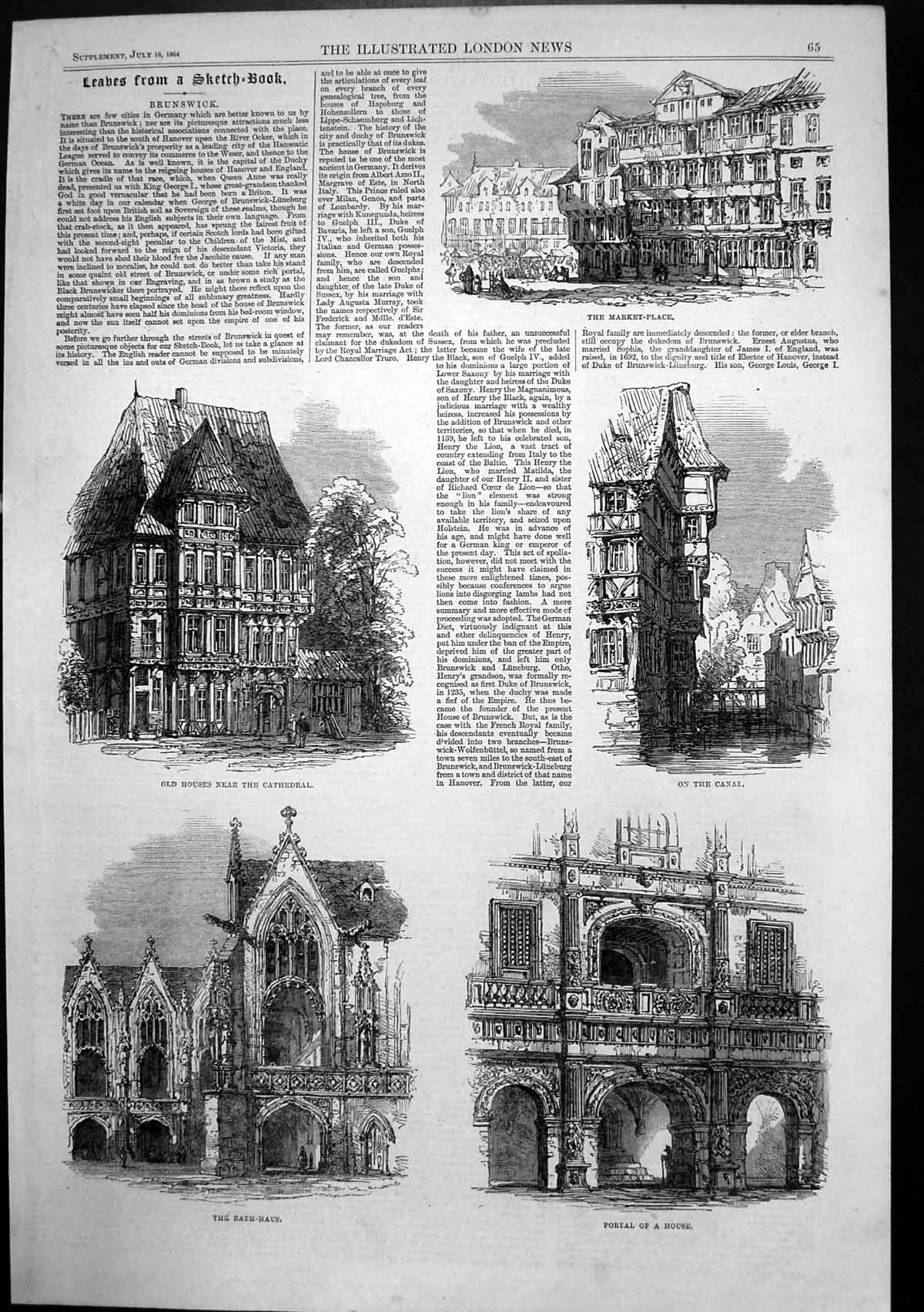 Antique Print Brunswick Market Place Canal Rath Haus Houses Cathedral 1864 19th