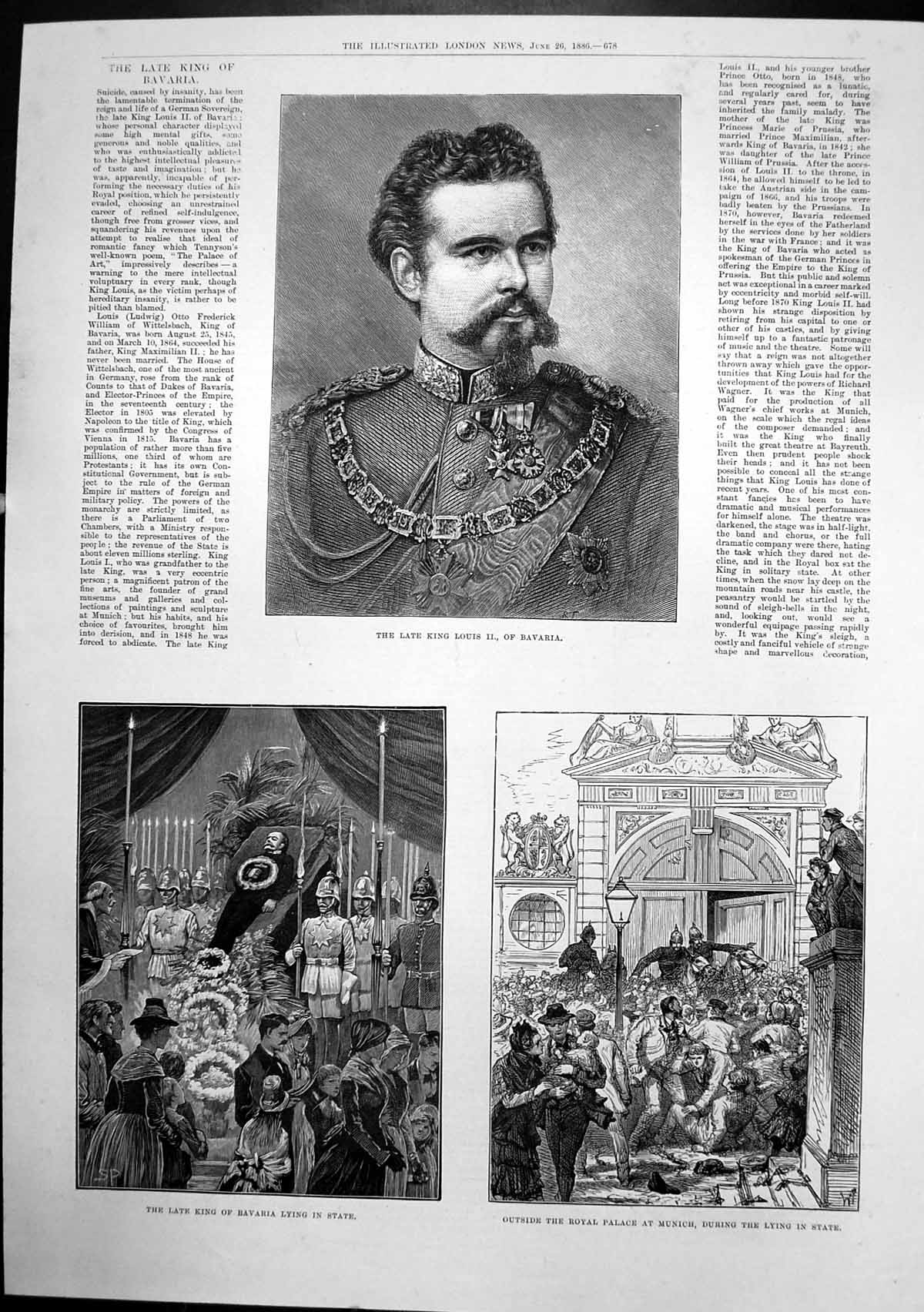 Antique Old Print King Louis 11 Bavaria Lying State Royal Palace Munich 1886