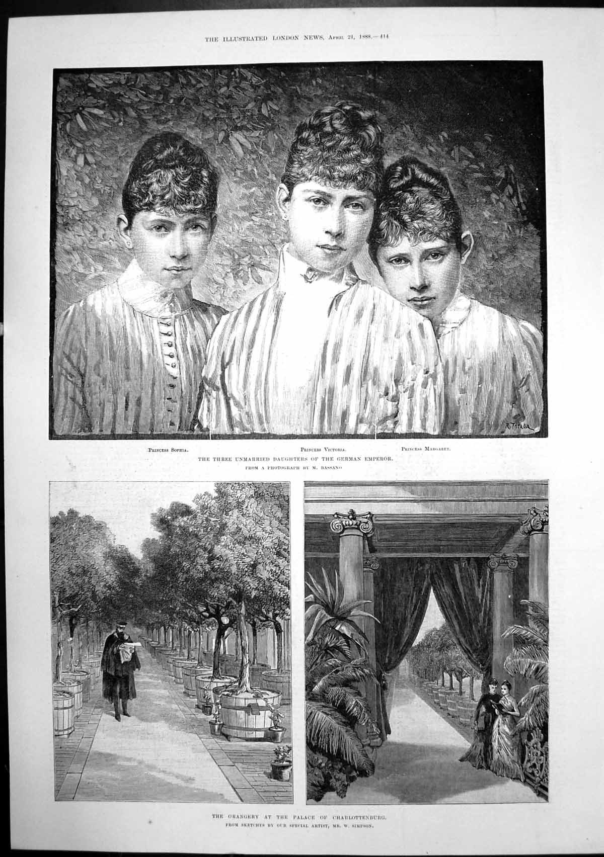 Old Antique Print Palace CharlottenburgDaughters German Emperor 1888