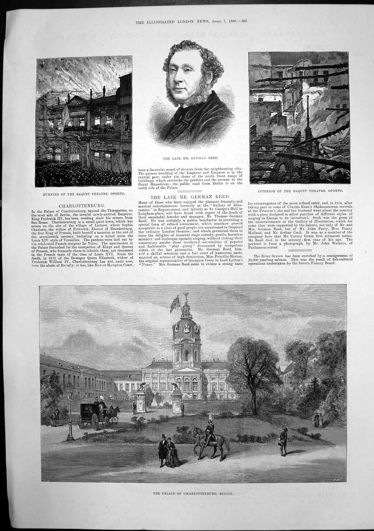 Antique Old Print Palace Charlottenburg German Reed Baquet Theatre Oporto1888