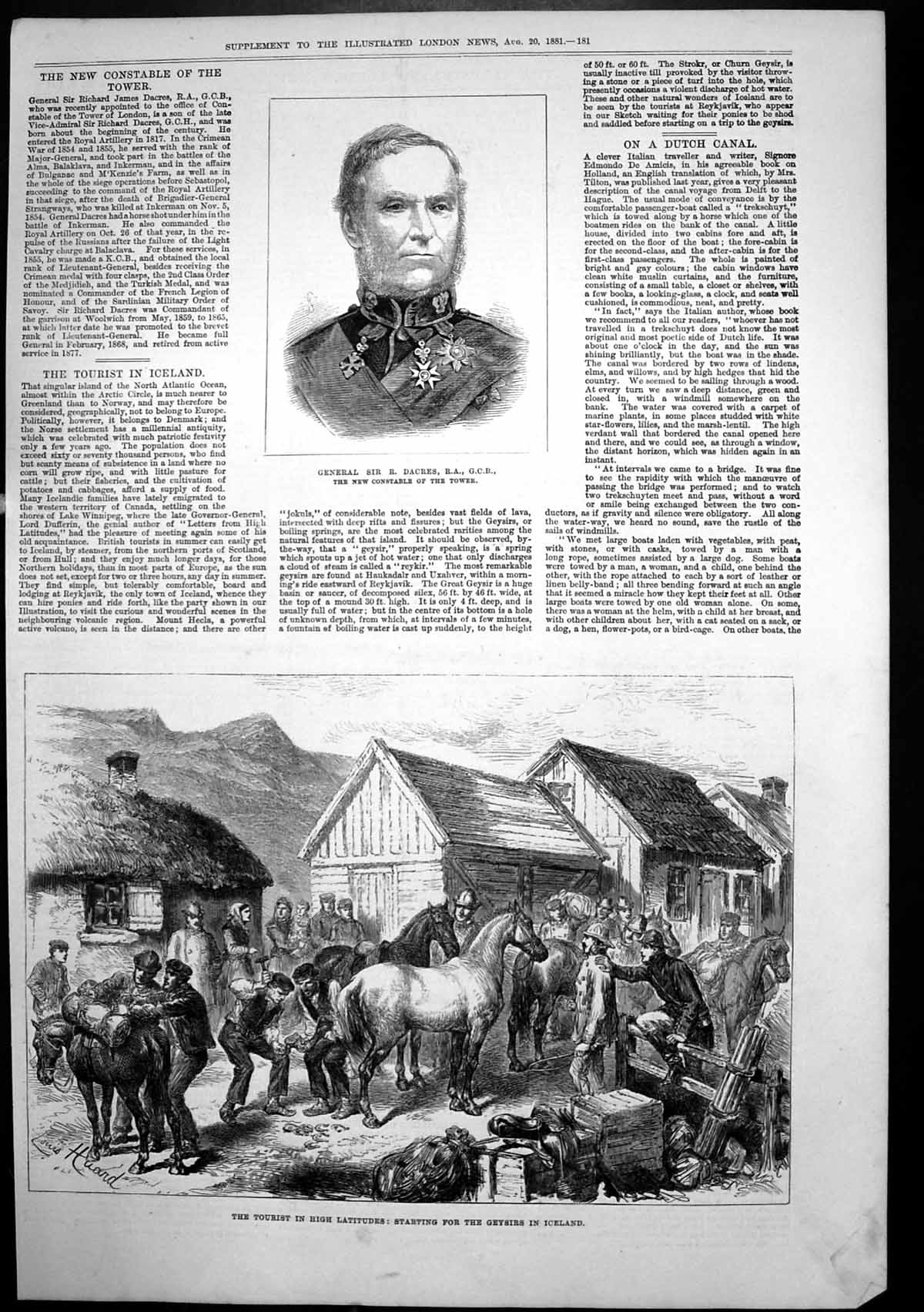 Old Print General R Dacres Constable Tower Geysirs Iceland Tourists 1881 19th