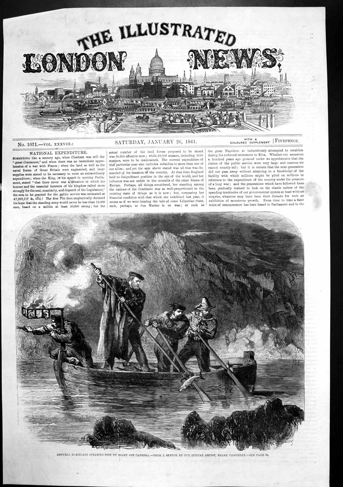 Original Old Antique Print General Garibaldi Spearing Fish Night Caprera 1861