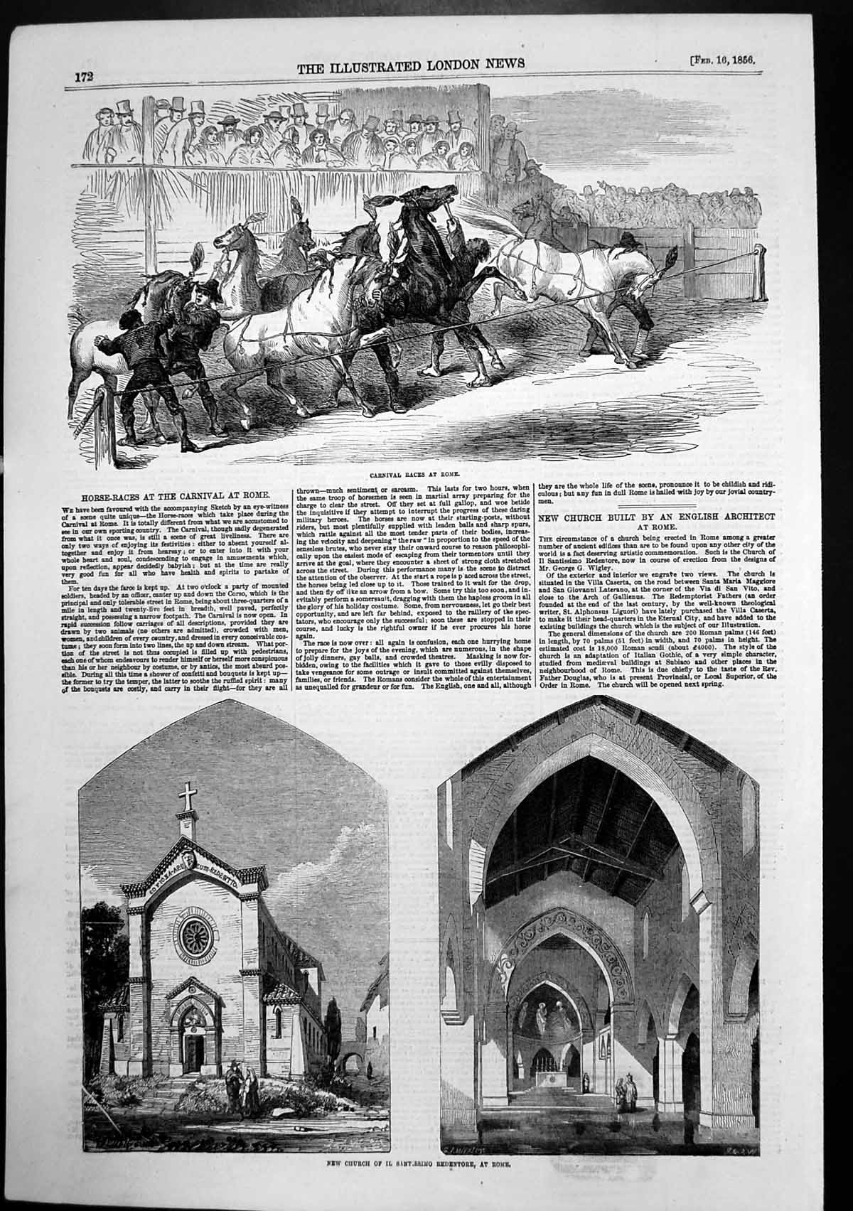 Antique Print Carnival Races Rome Church Il Santissimo Redentore Rome 1856 19th
