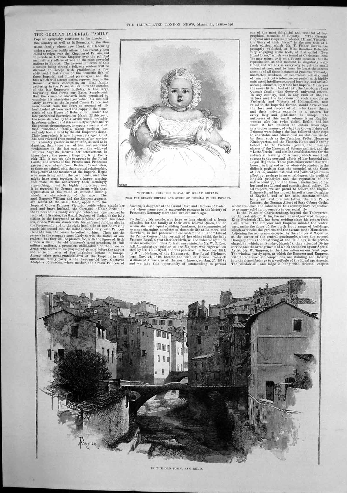Original Old Antique Print Town San Remo Victoria Princess Royal Britain 1888