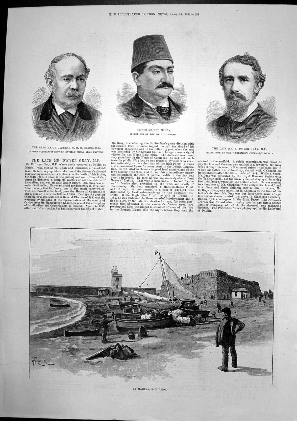 Antique Old Print La Marina San Remo E Dwyer Gray Mp Prince Ma'Sud Mirza 1888