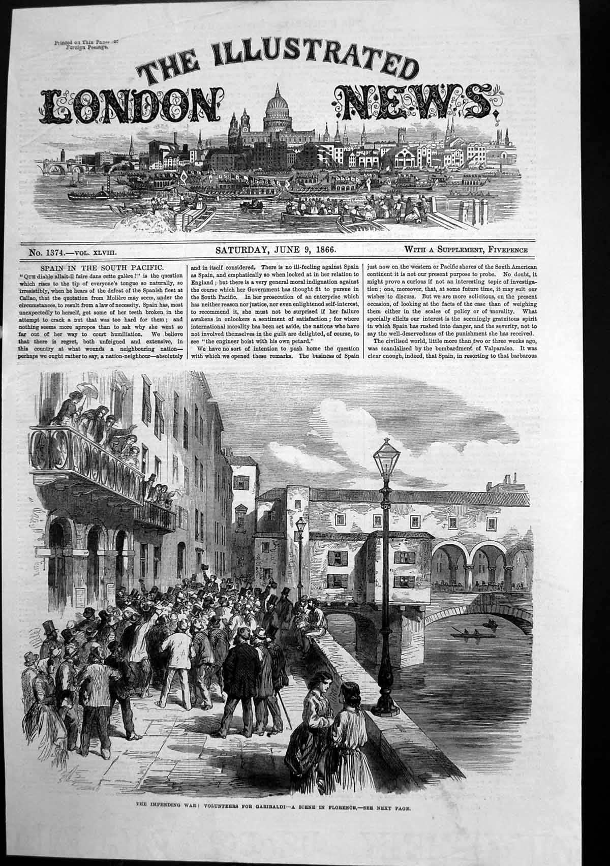 Old Antique Print Impending War Volunteers Garibaldi Scene Florence 1866 19th