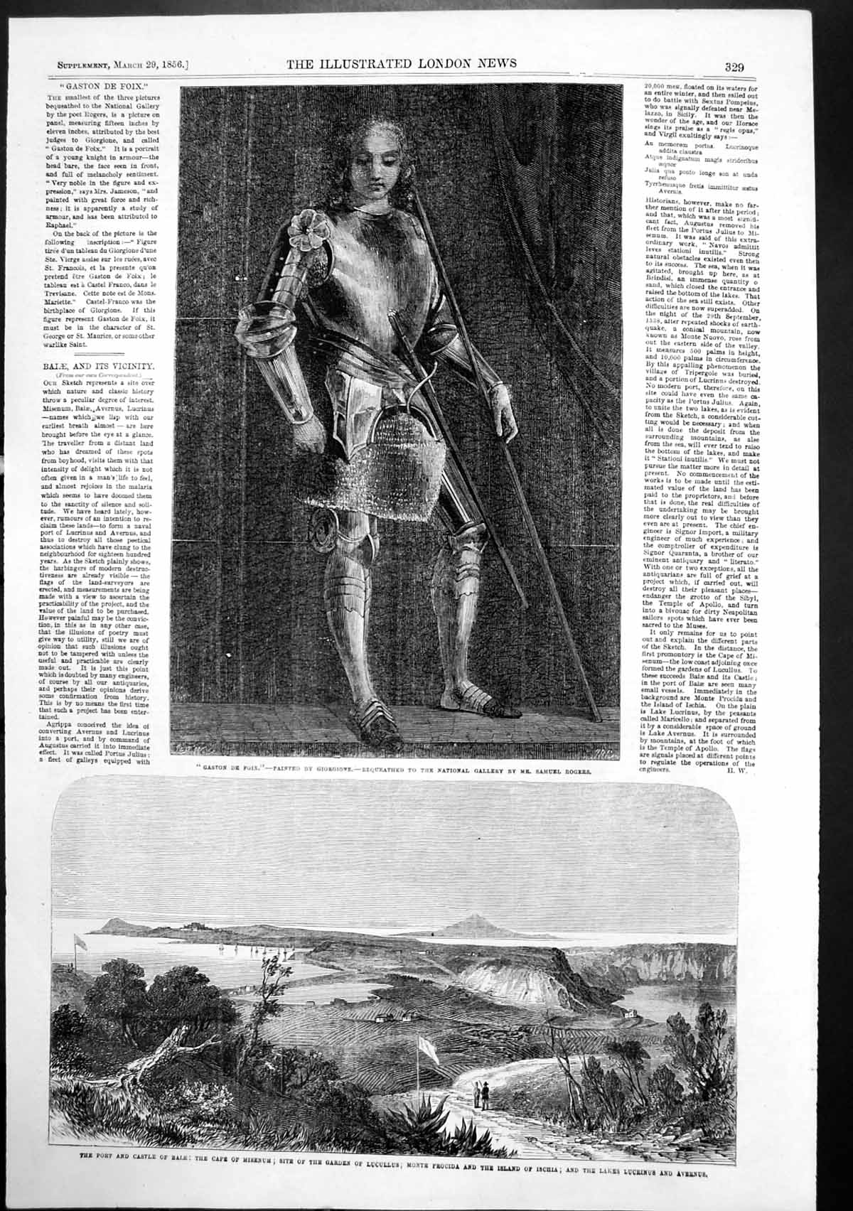 Old Print Gaston De Foix Port Castle Bale Cape Misenum Island Ischia 1856 19th