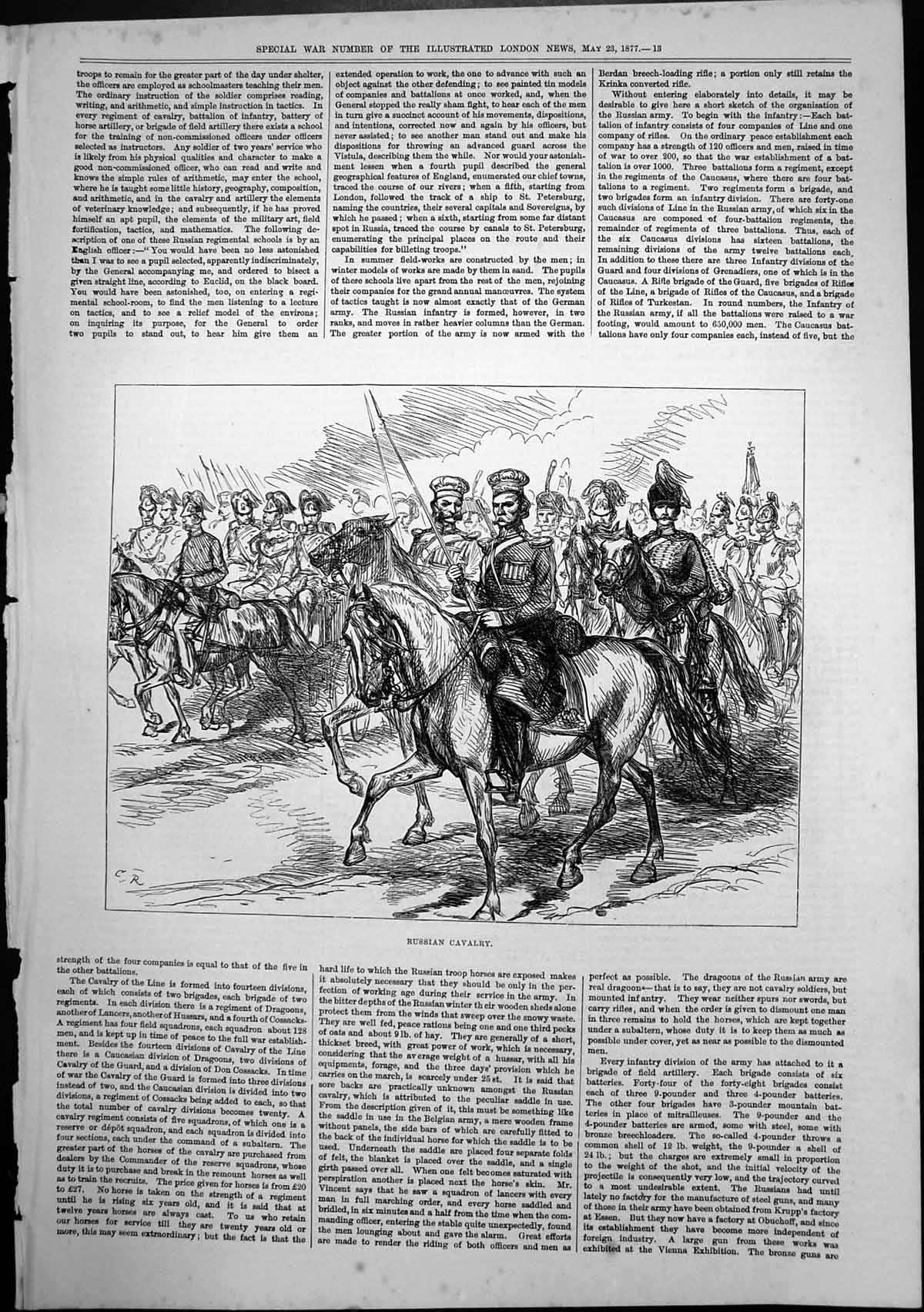 Antique Old Print Russian Cavalry Divisions Dragoons Hussars Cossacks 1877 19th