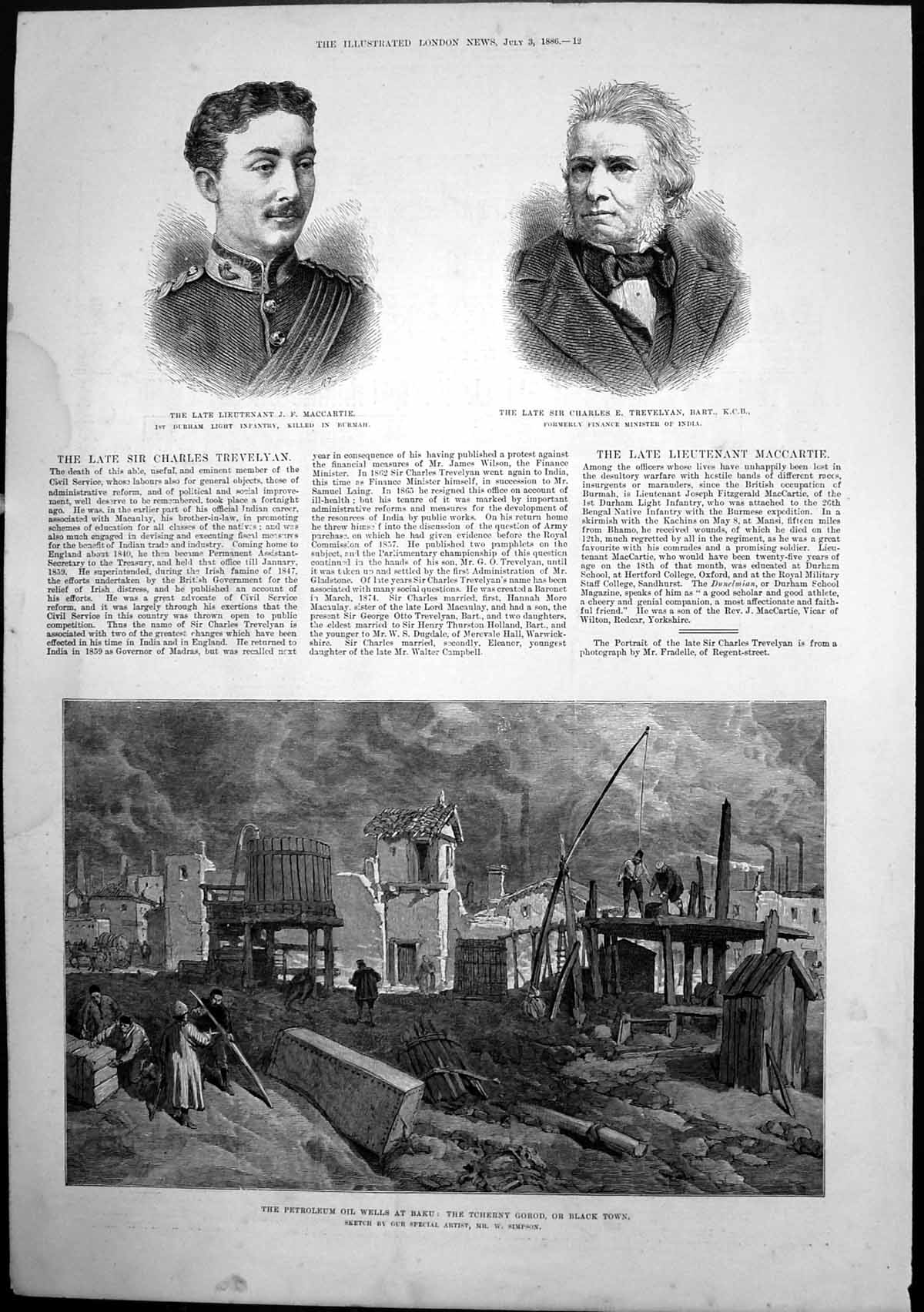 Old Print Petroleum Oil Wells Baku Black Town Sir Charles Trevelyan 1886 19th