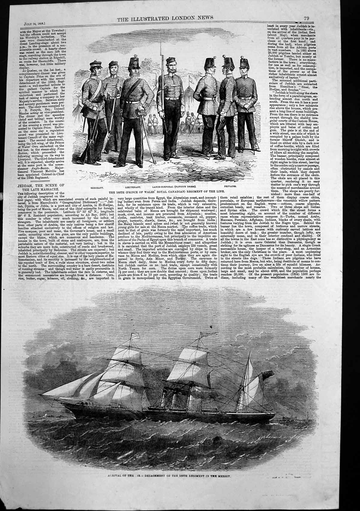 Antique Old Print 100Th Prince Wales Royal Canadian Regiment Line Mersey 1858