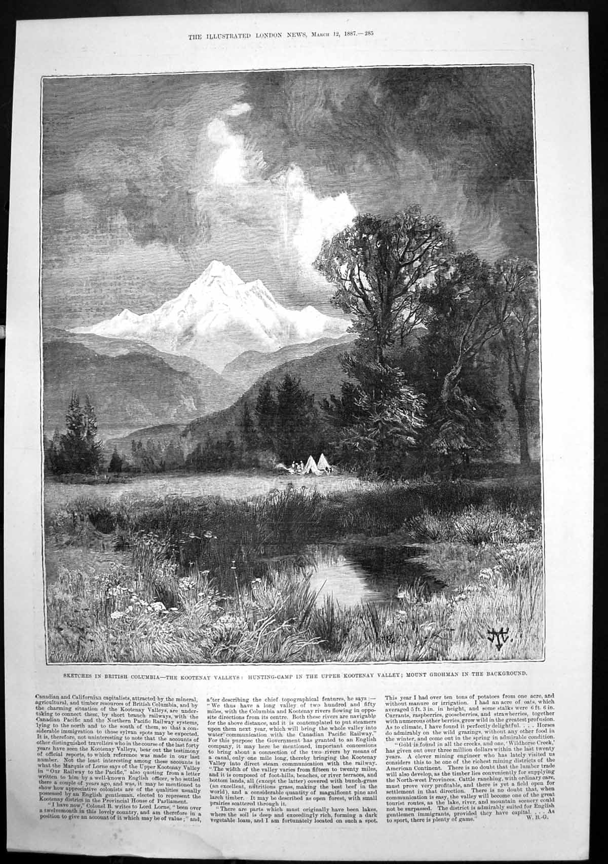 Antique Old Print British Columbia Kootenay Valley Mount Grohman Camp 1887 19th