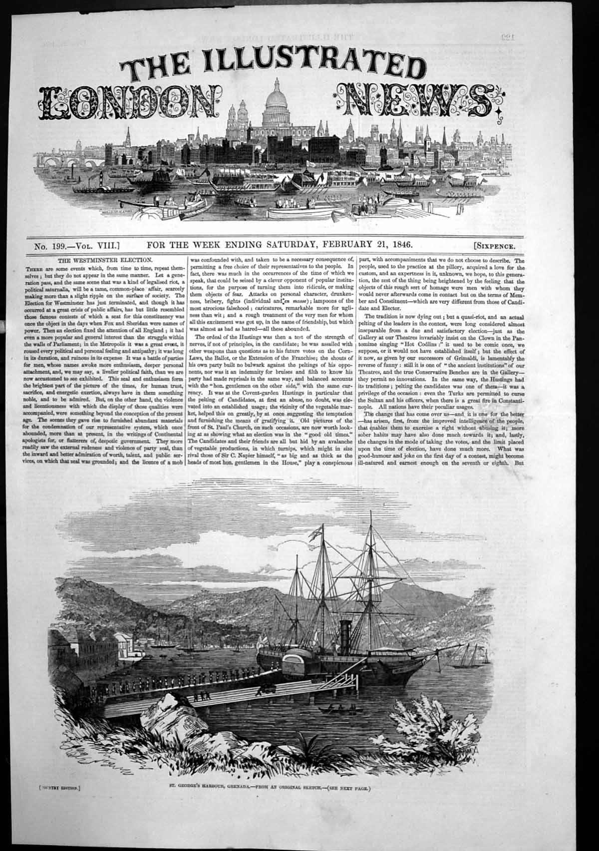 Original Old Antique Print St Georges Harbour Grenada Loading Large Ship 1846