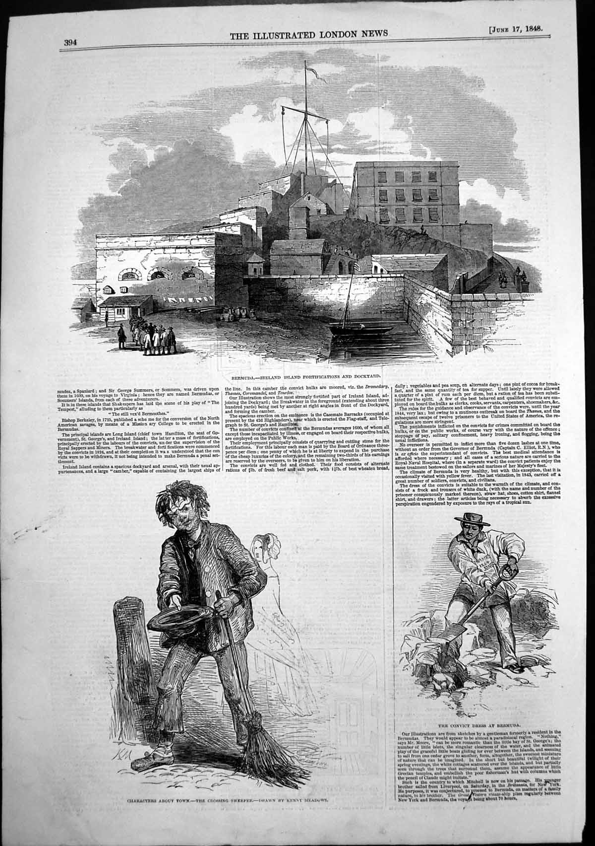 Original Old Antique Print Bermuda Ireland Island Fortifications Dockyard 1848