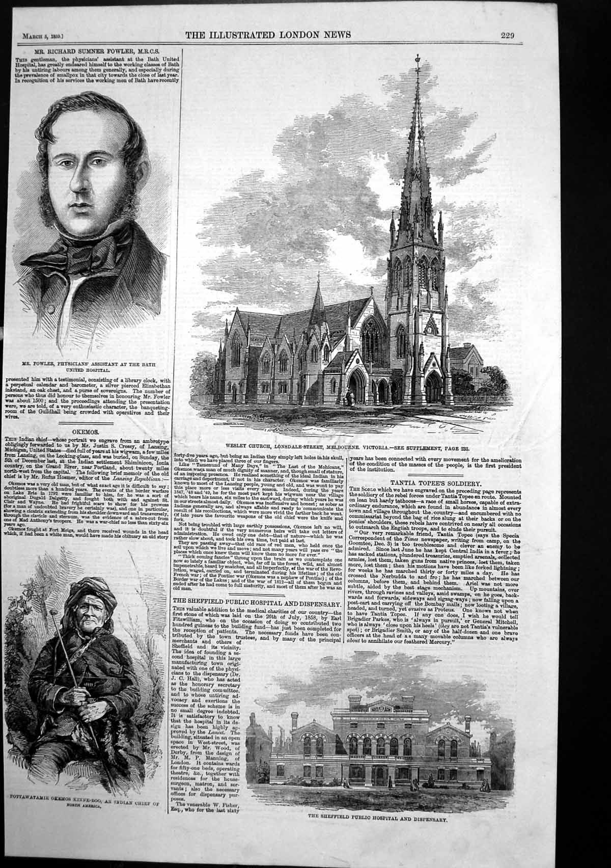 Antique Old Print Sheffield Hospital Wesley Church Melbourne Victoria 1859 19th