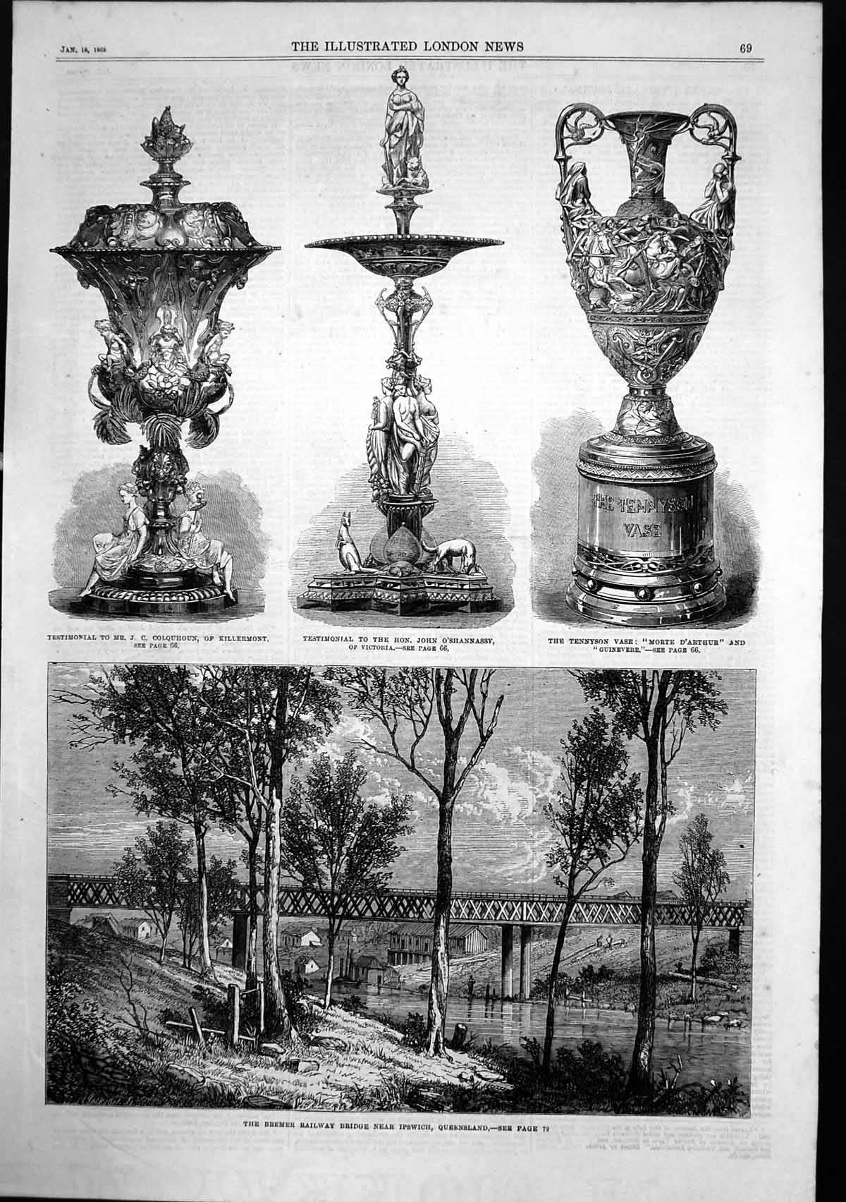 Antique Old Print Bremer Railway Bridge Ipswich Queensland Tennyson Vase 1868