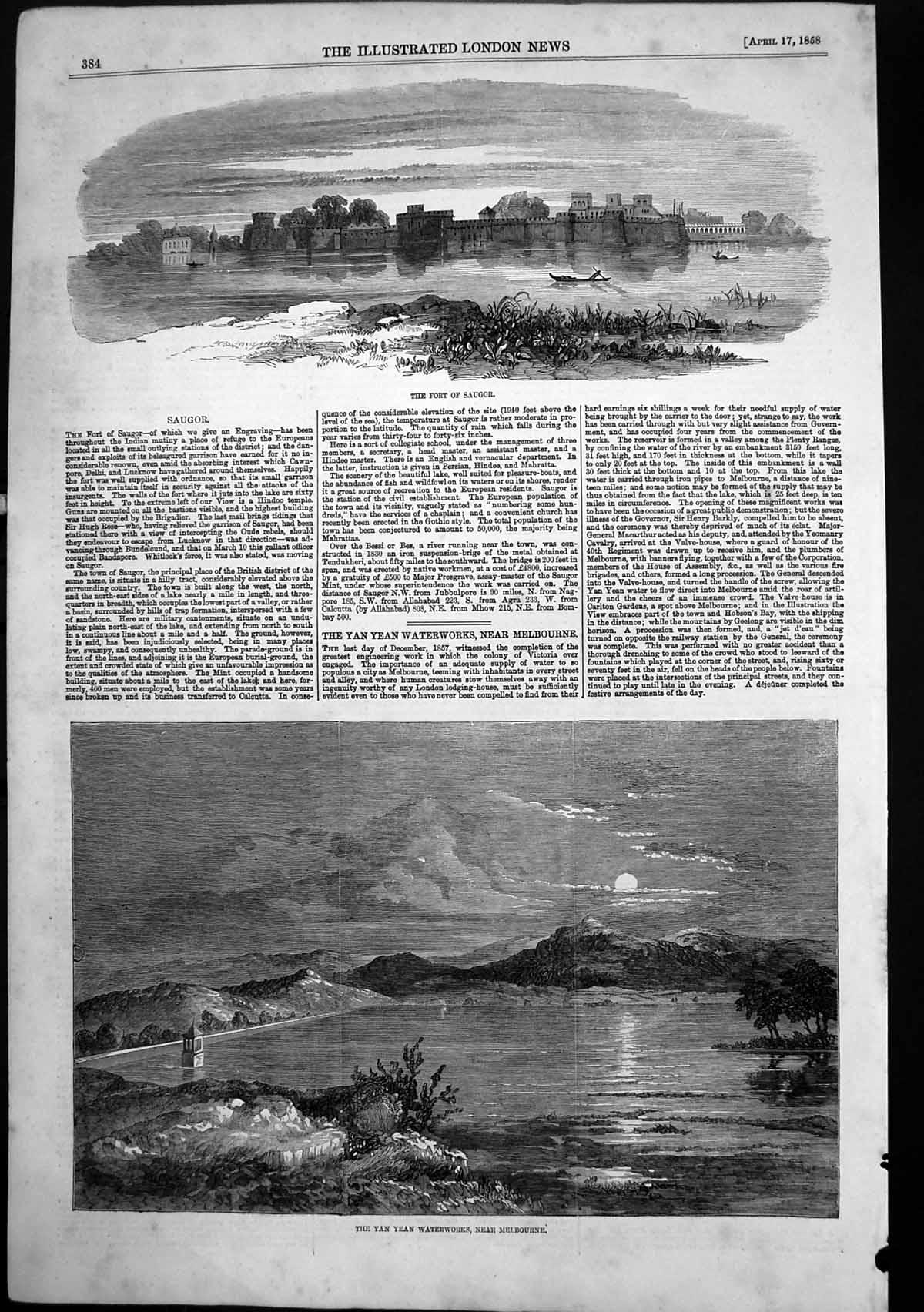 Original Old Antique Print Port Saugor Yan Yean Waterworks Melbourne 1858 19th