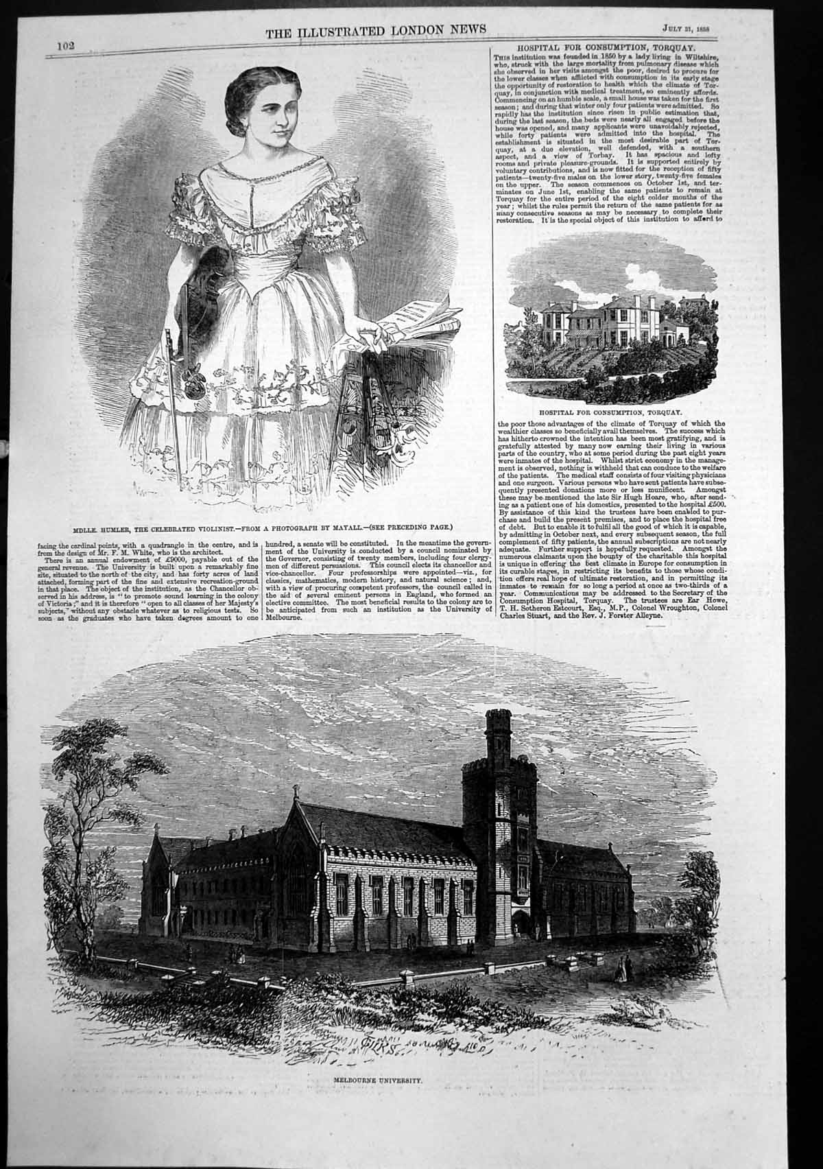 Original Old Antique Print Melbourne University Mdlle Humler Violinist 1858