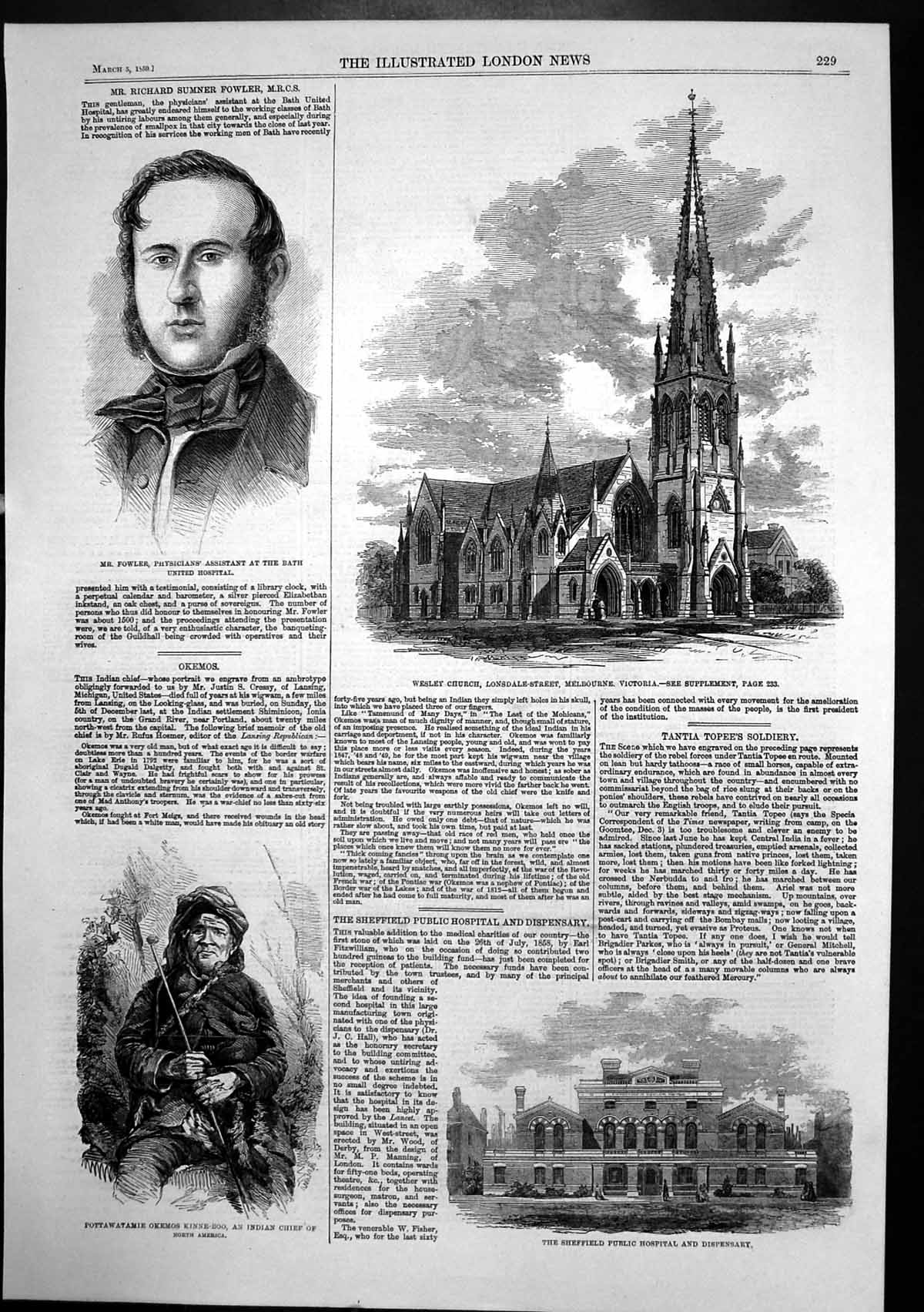 Old Antique Print Indian Chief North America Mr Fowler Bath Hospital 1859 19th