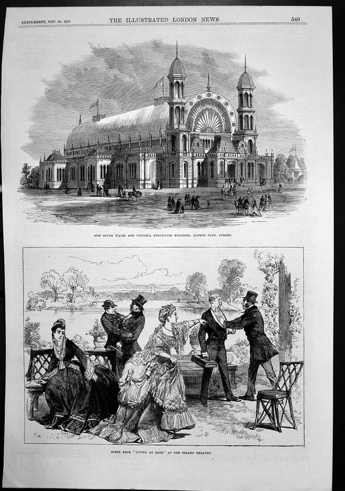Antique Old Print Living Ease Strand Theatre Victoria Exhibition Sydney 1870