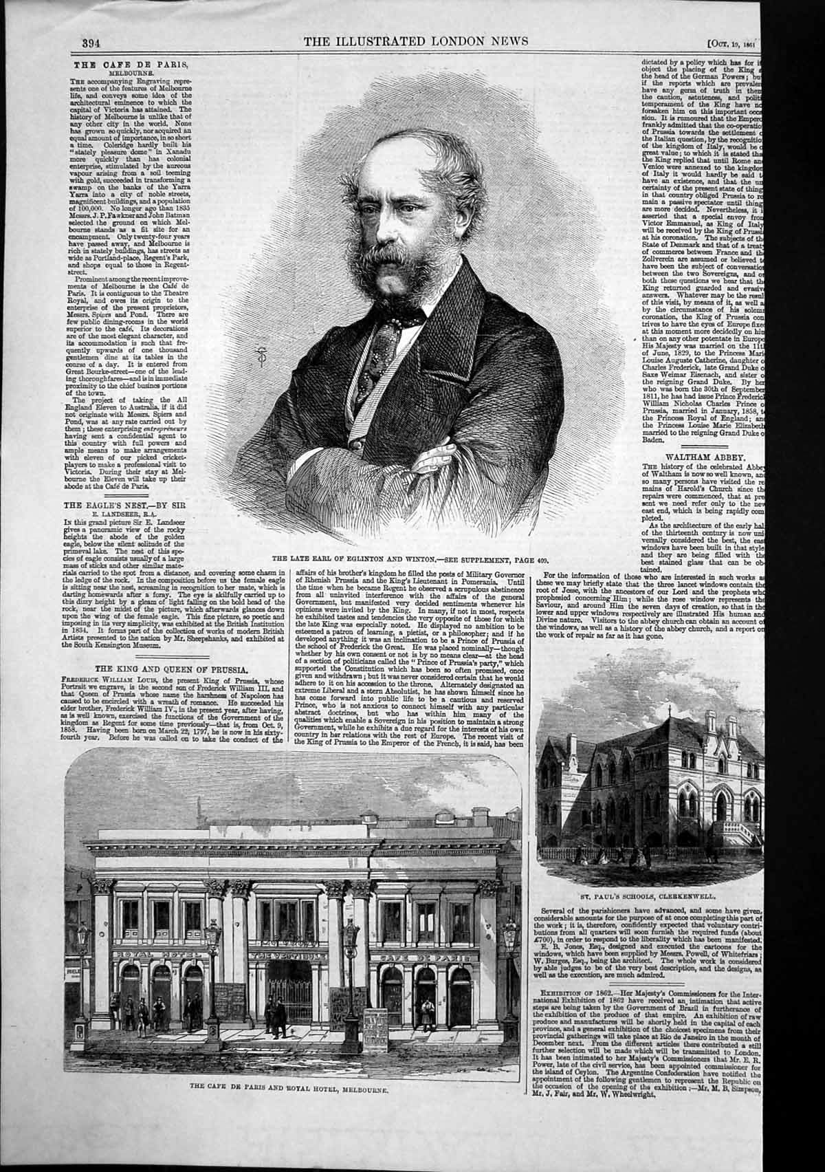 Old Antique Print Earl Eglinton Winton St Pauls Schools Clerkenwell 1861 19th