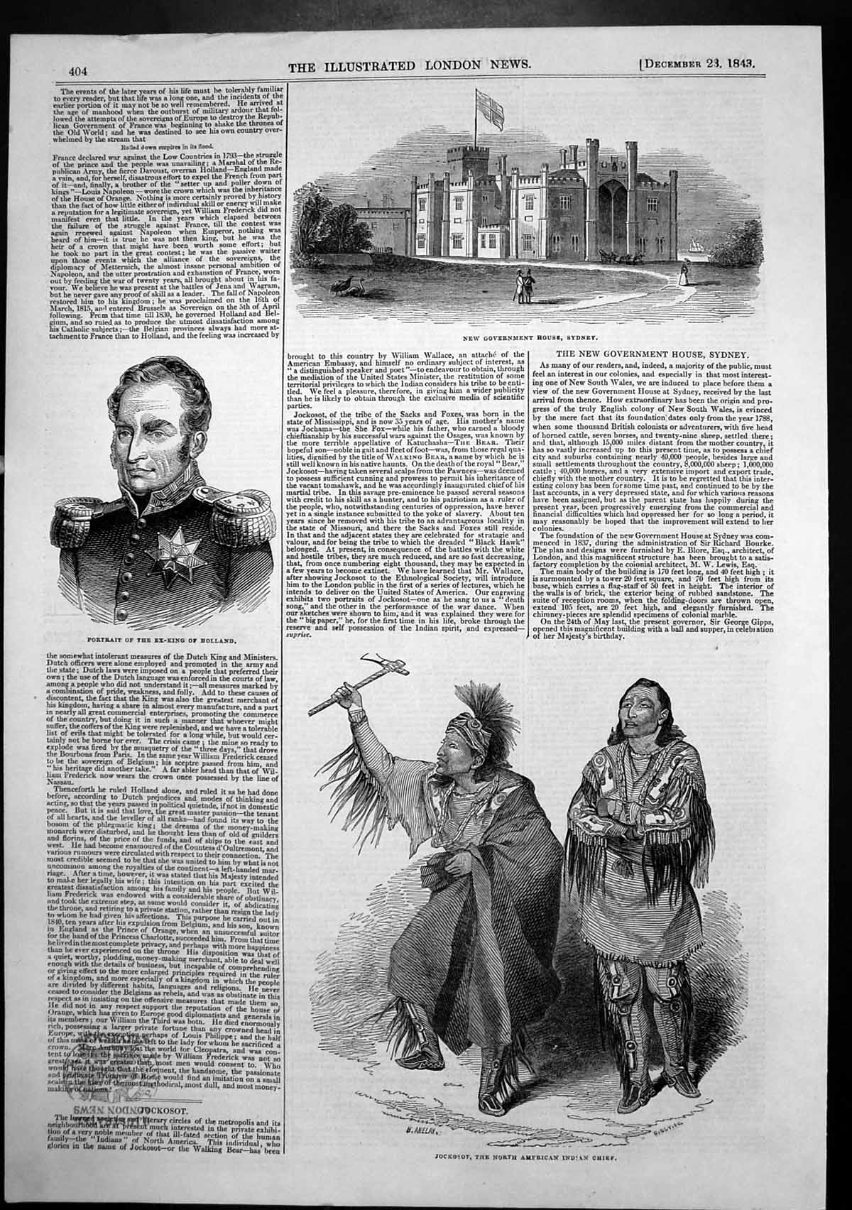 Antique Print Jockosot N American Indian Chief Government House Sydney 1843
