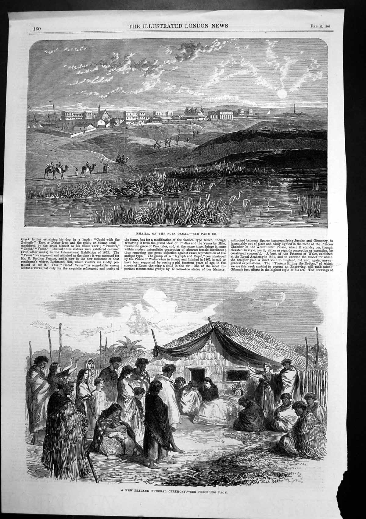Original Old Antique Print Ismalia Suez Canal New Zealand Funeral Ceremony 1866
