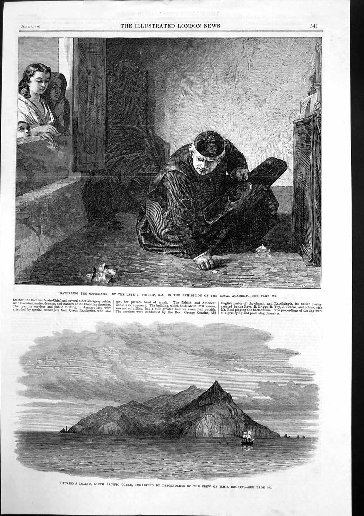 Antique Print Gathering Offerings Pitcairns Island South Pacific Ocean 1867