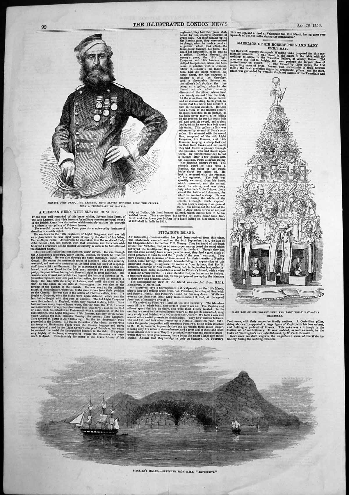 Antique Old Print Pitcairns Island Bridecake Robert Peel Lady Emily Hay 1856
