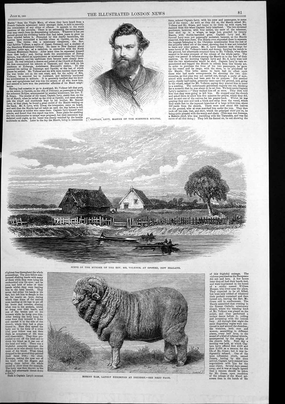 Antique Print Merino Ram Scene Murder Rev Volkner Opotiki New Zealand 1865 19th