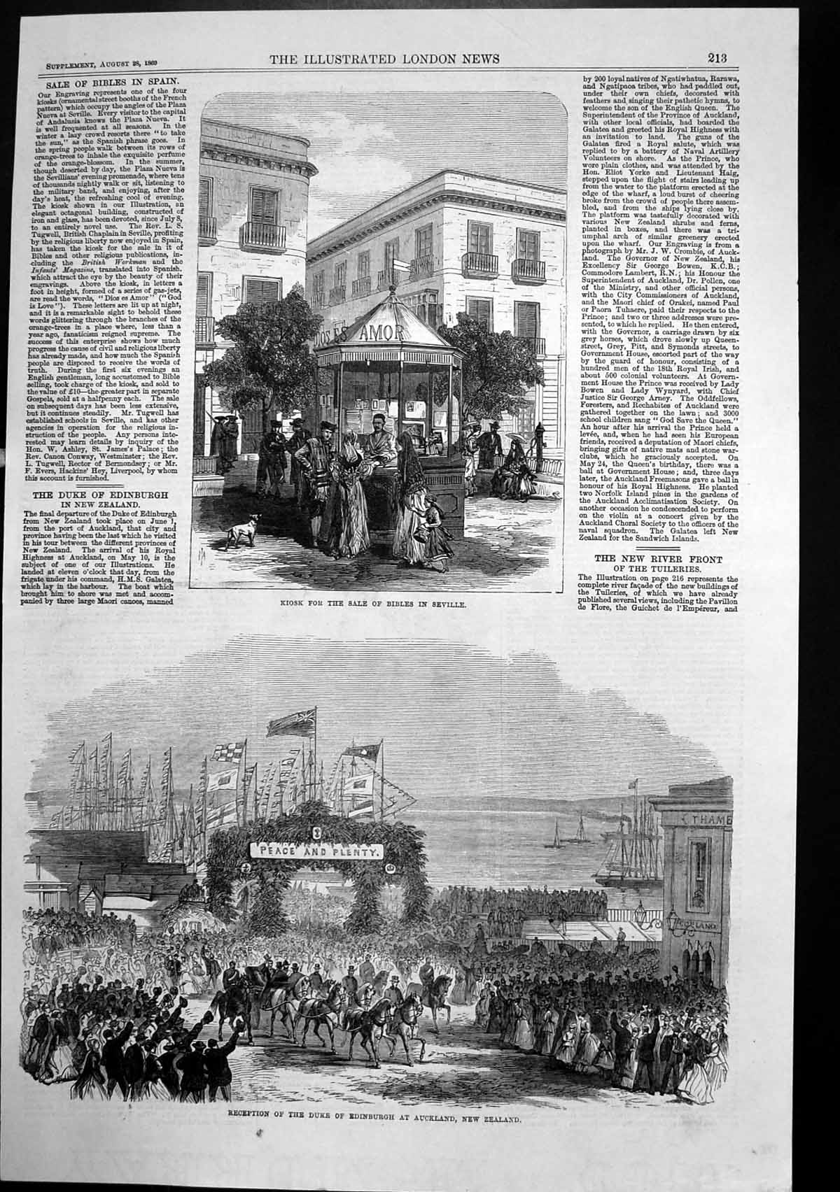 Old Antique Print Duke Edinburgh Auckland Kiosk Sale Bibles Seville 1869 19th