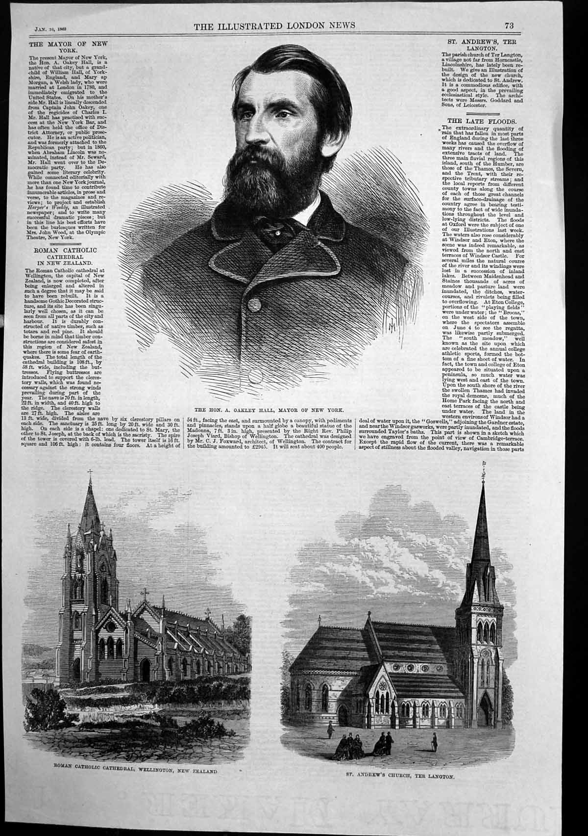 Antique Old Print St Andrews Church Ter Langton R C Cathedral Wellington 1869