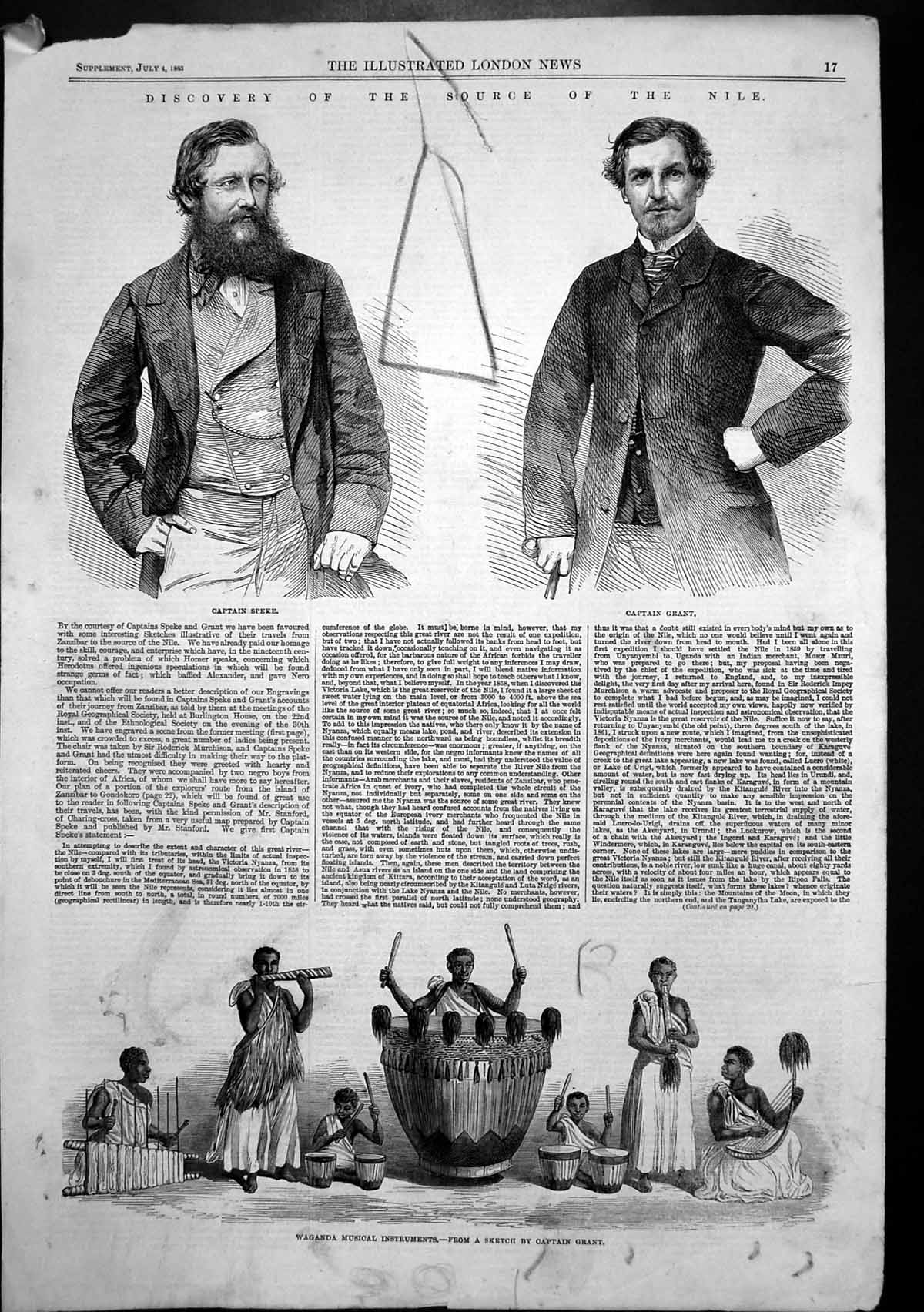 Antique Print Discovery Source Nile Captain Grant Speke Waganda Music 1863 19th