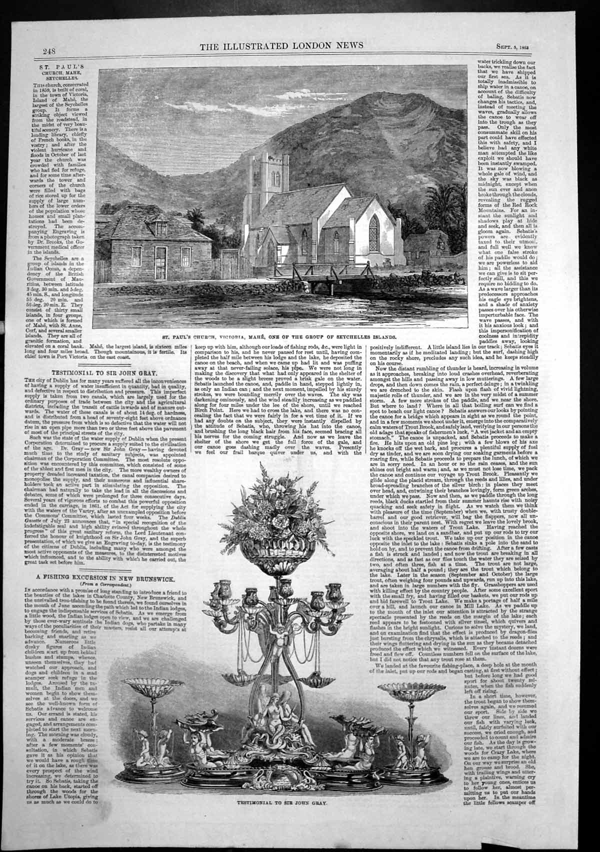 Antique Print St Pauls Church Victoria Mahe Testimonial Sir John Gray 1863 19th