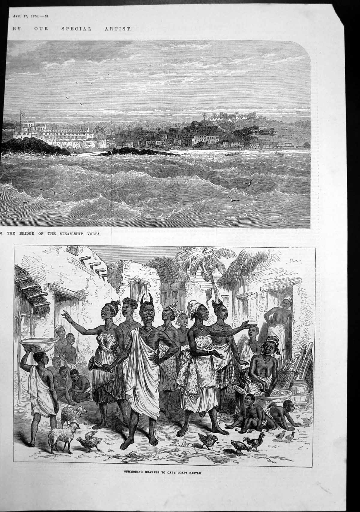 Antique Old Print Cape Coast Castle Summoning Bearers Cape Coast Castle 1874