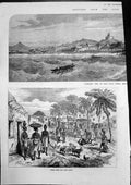 Antique Old Print Street Scene Cape Coast Castle Seen Steam Ship Volta 1874