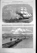 Antique Old Print Hms Argus Towing Tugs Massowah Pier Zulla Annesley Bay 1868