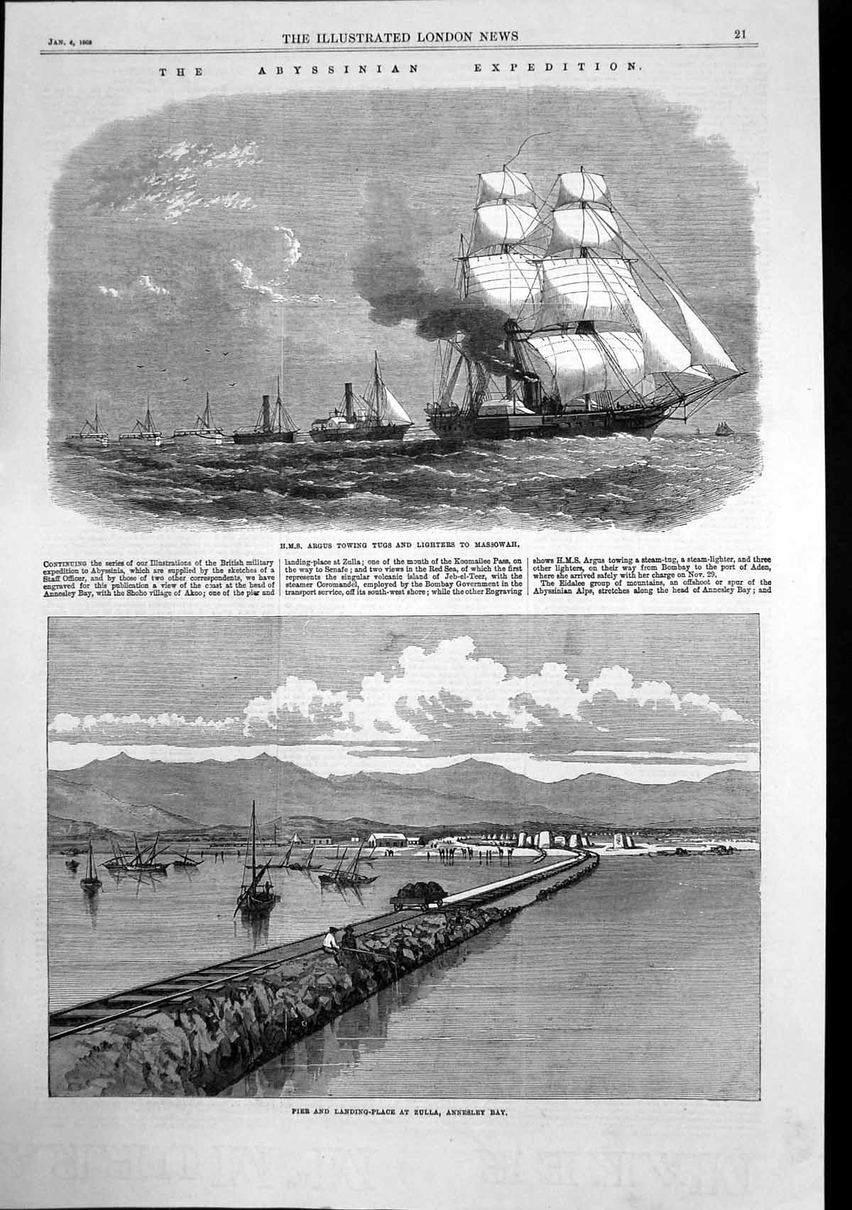 Antique Old Print Hms Argus Towing Tugs Massowah Pier Zulla Annesley Bay 1868