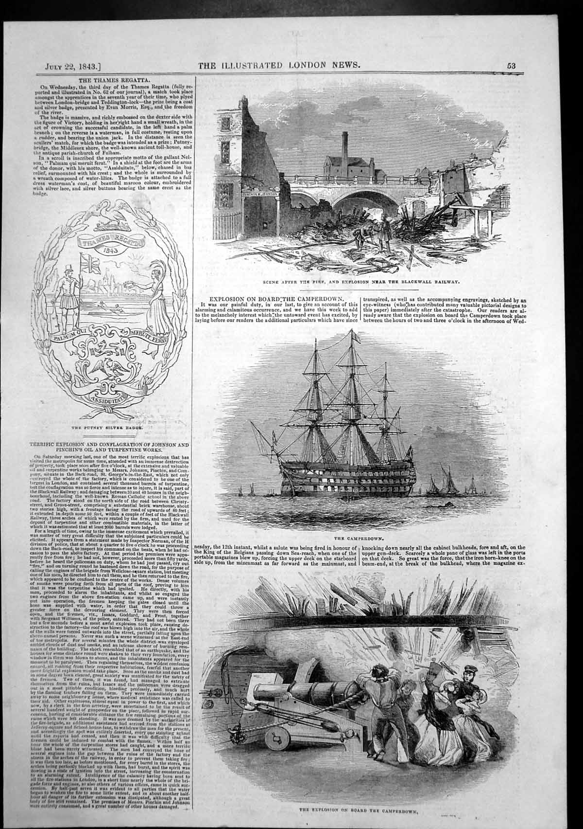 Antique Old Print Explosion Camperdown Fire Explosion Blackwell Railway 1843