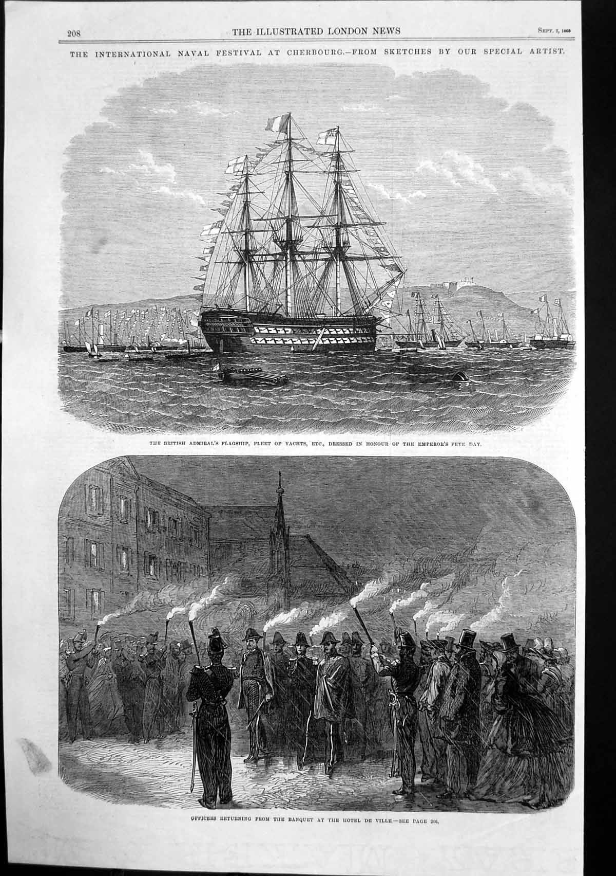 Old Print Naval Festival Cherbourg British Admirals Yachts Officers 1865 19th