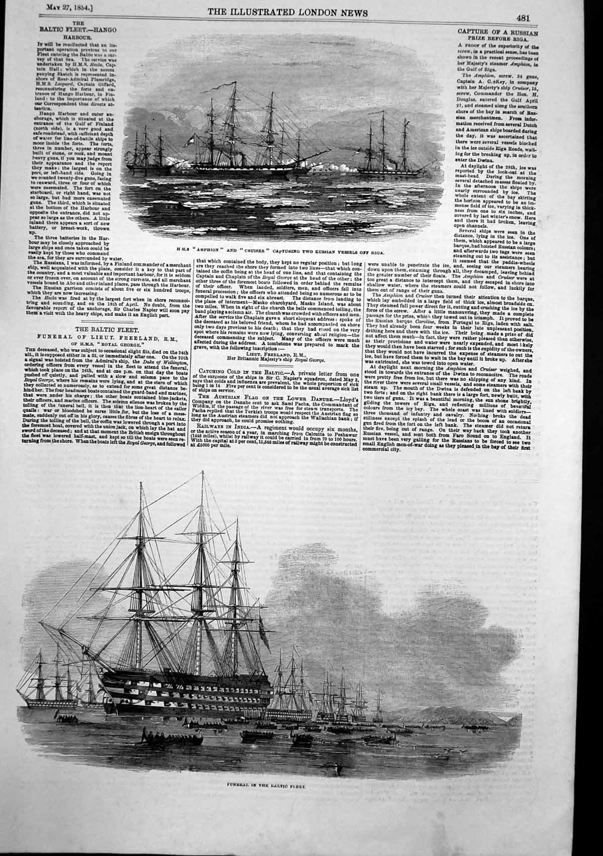 Old Funeral Baltic Fleet Hms Amphion Cruiser Russian Vessels Riga1854 Victorian