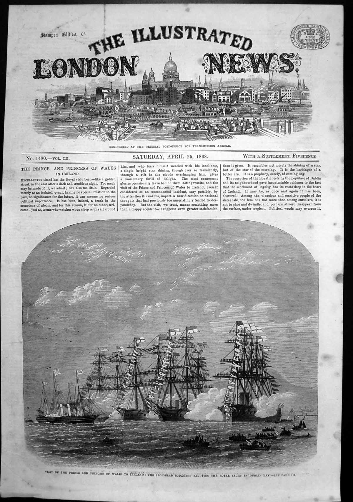 Old Print Prince Princess Wales Ireland Squadron Salute Yacht Dublin 1868 19th